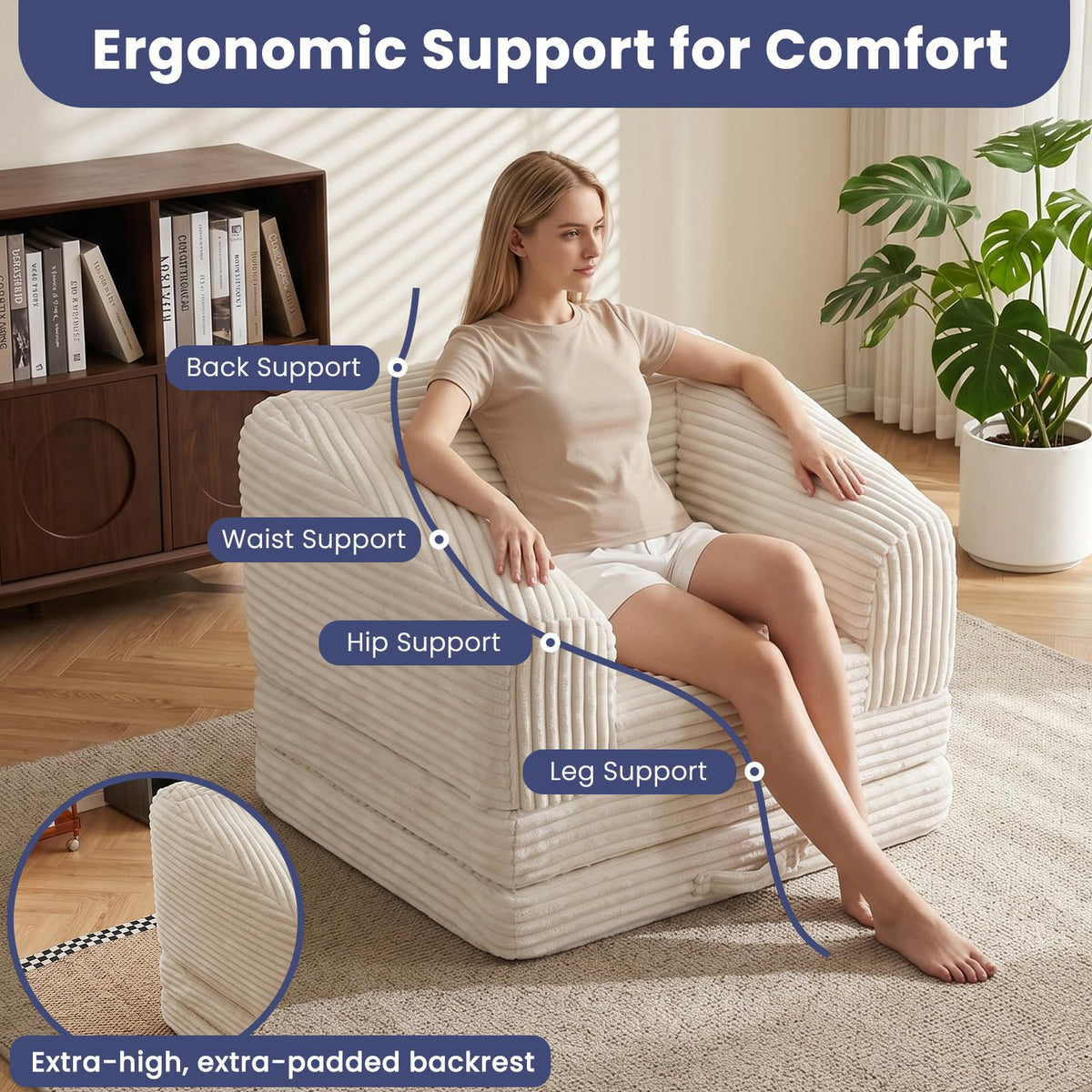 JUIKURY Convertible Sofa Bed, 3-in-1 Foldable Loveseat Couch with Armrest, Corduroy Floor Sofa & Sleeper Bed, No Assembly High-Density Foam Futon Mattress for Living Room, Small Apartment, Dorm