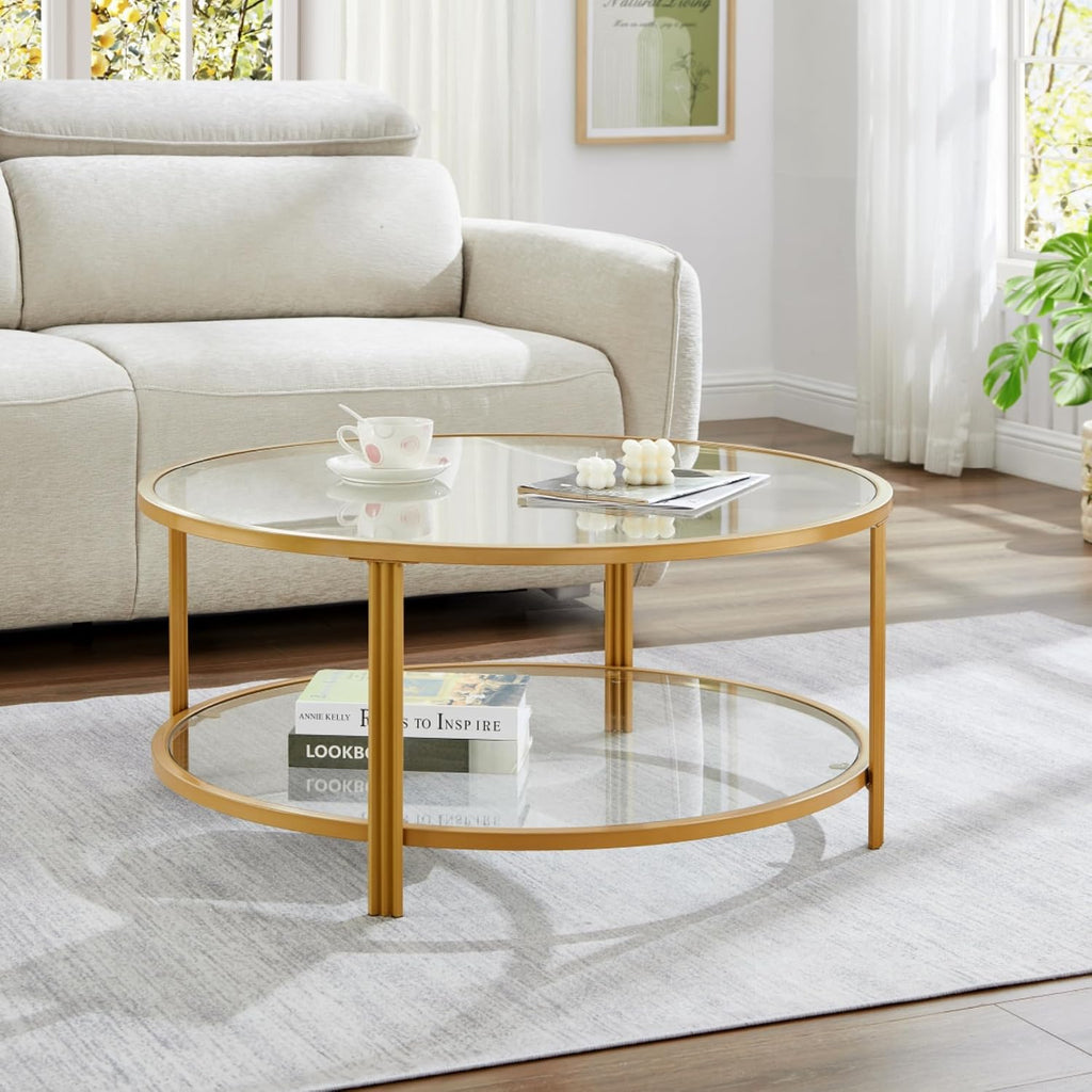 36" Round Glass Coffee Table,Gold Circle Coffee Table with Storage