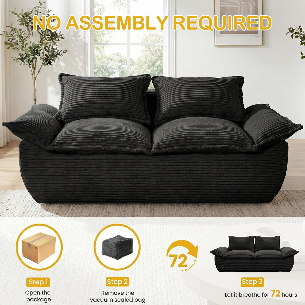 56" Boneless Loveseat, 2-Seater Black Boneless Sofa with Removable Cushions & 2 Pillows, Small Mini Couch Boneless Foam Sofa for Living Room, Apartments, & Office