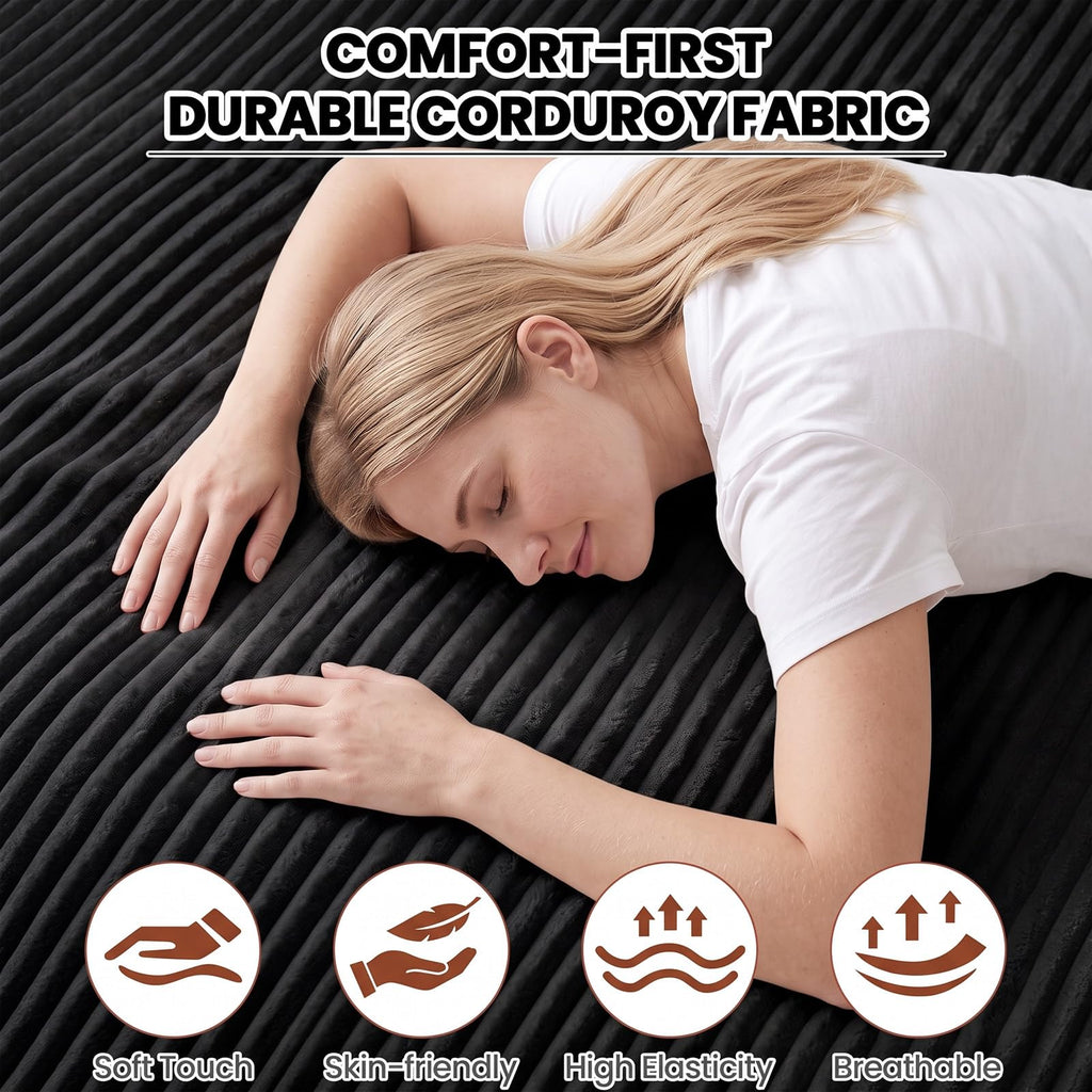 Small Boneless Couch, Boneless Loveseat Convertible Sofa Bed Sleeper Sofa Couch Bed with 2 Pillows, Corduroy Folding Floor Futon Foldable Boneless Couch for Living Room, Guest Room, Small Space, Black