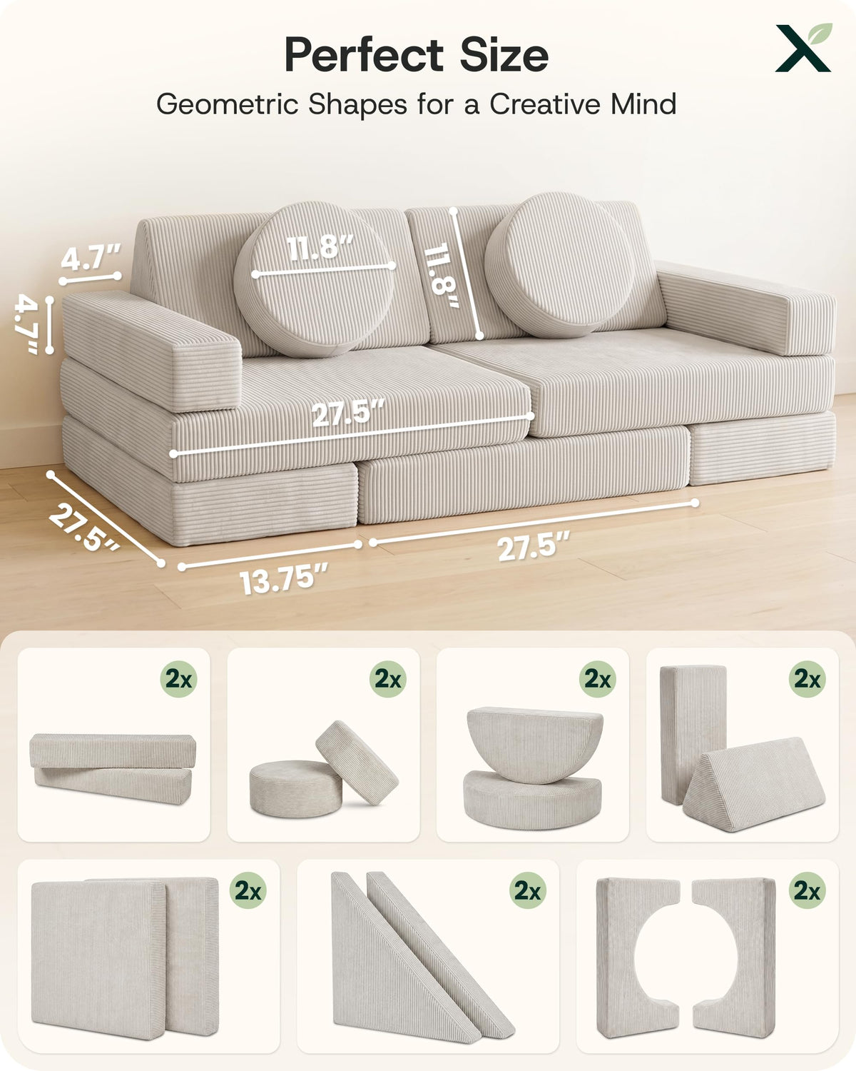 Lunix Modular Kids Play Couch, 14-Piece Fort Building & Climbing Foam Set
