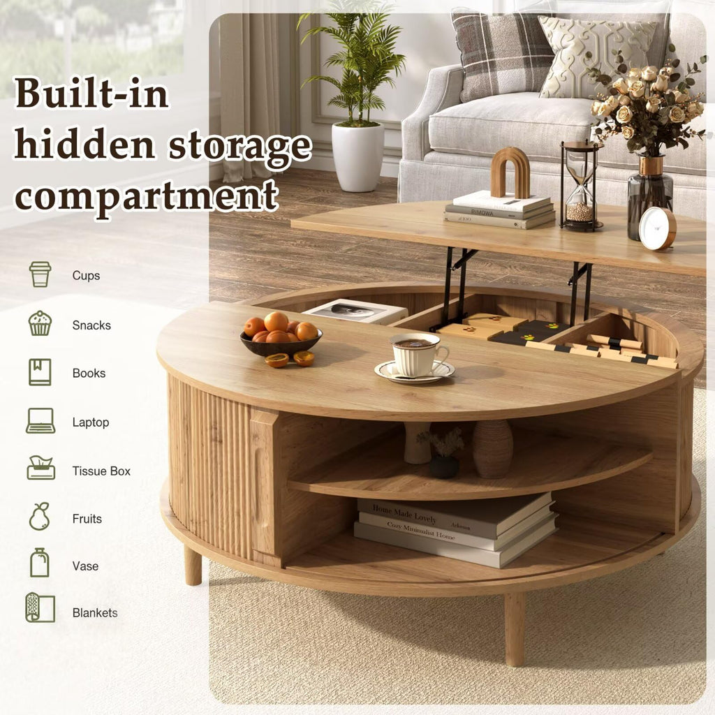 Round Lift Top Coffee Table, 39.4 Inch Minimalist Fluted Walnut Wood Cocktail Table with Hidden Divided Storage & Dual-Tier Open Side Shelves, Dark Walnut Finish Circular Living Room Center Table
