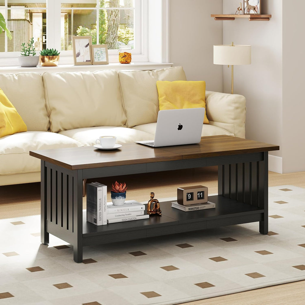 YOSHOOT 47.2" Farmhouse Coffee Table - Coffee Tables for Living Room, Small Coffee Table with Storage, Center Table for Living Room, Bedroom, Office, Black