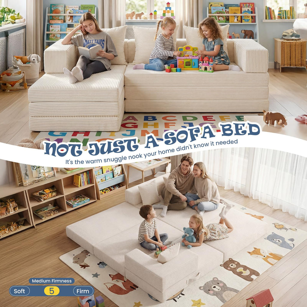 Modular Kids Play Couch, Convertible Toddler Sectional Sofa, Soft Cloud Corduroy Kids Sofa Bed with 3 Pillows, Safe No Edge Foam Play Furniture for Boys Girls Playroom Bedroom