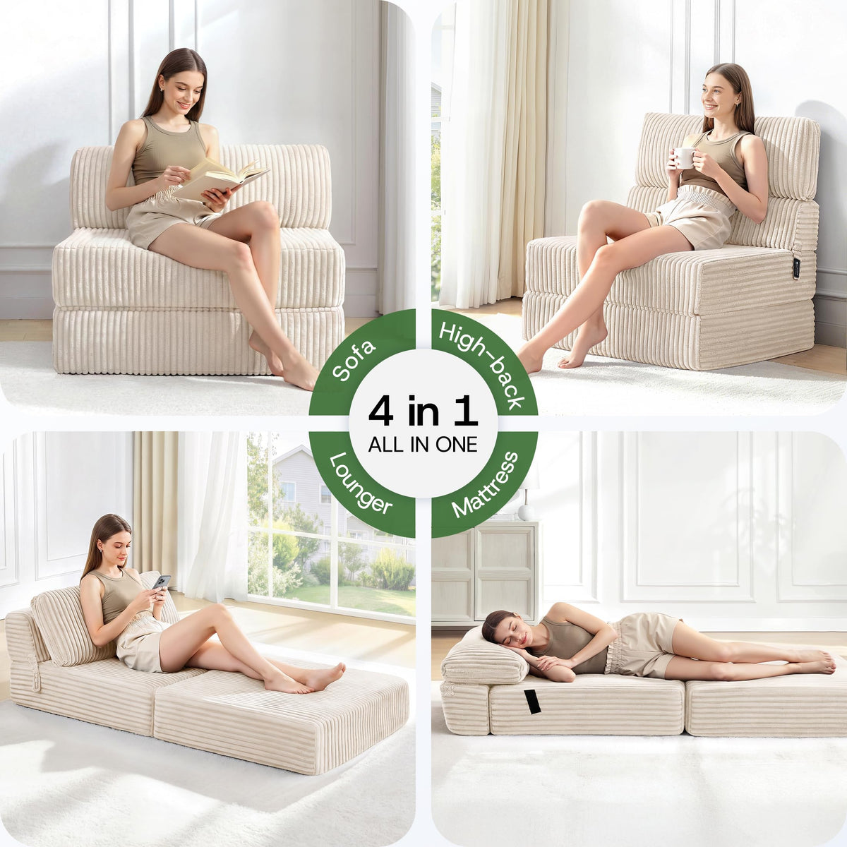 Folding Sofa Bed Convertible 4 in 1 Sleeper Chair Black Single