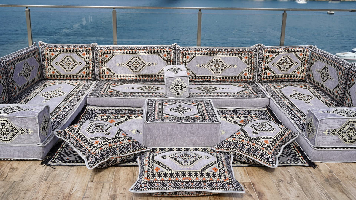 Gray L Shaped Pallet Cushions, Arabic Floor Sofa Set, Oriental Floor Seating, Sectional Floor Cushion, Indoor Floor Pillows, Arabic Majlis Set, Sofa Bed (U Sofa + Rug + Ottoman, 8'' Thickness (20 cm))