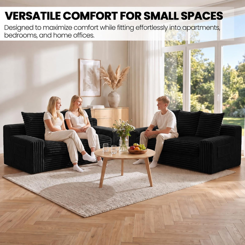 Small Boneless Couch, Boneless Loveseat Convertible Sofa Bed Sleeper Sofa Couch Bed with 2 Pillows, Corduroy Folding Floor Futon Foldable Boneless Couch for Living Room, Guest Room, Small Space, Black