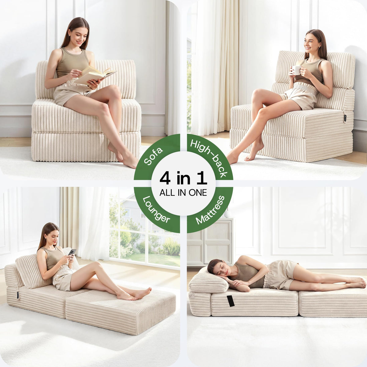 Folding Sofa Bed Convertible 4 in 1 Sleeper Chair Black Single