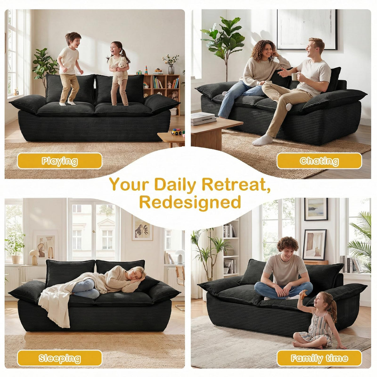 56" Boneless Loveseat, 2-Seater Black Boneless Sofa with Removable Cushions & 2 Pillows, Small Mini Couch Boneless Foam Sofa for Living Room, Apartments, & Office