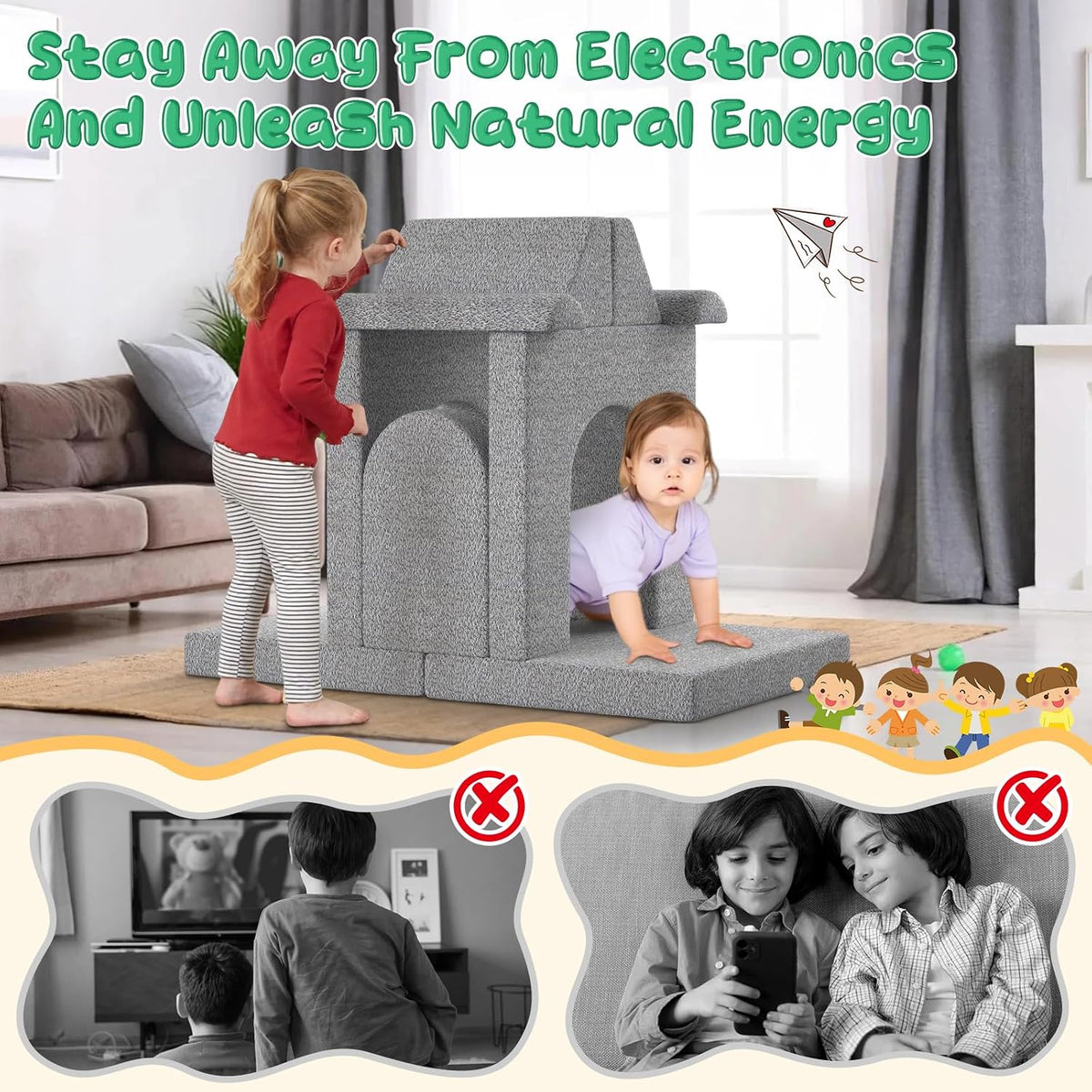 Modular Kids Play Couch with Washable Covers â Foam Toddler Sofa for Creative Play, Climbing, and Lounging â Convertible Kid Sofa Play Furniture for Kids Room or Nursery (Grey)