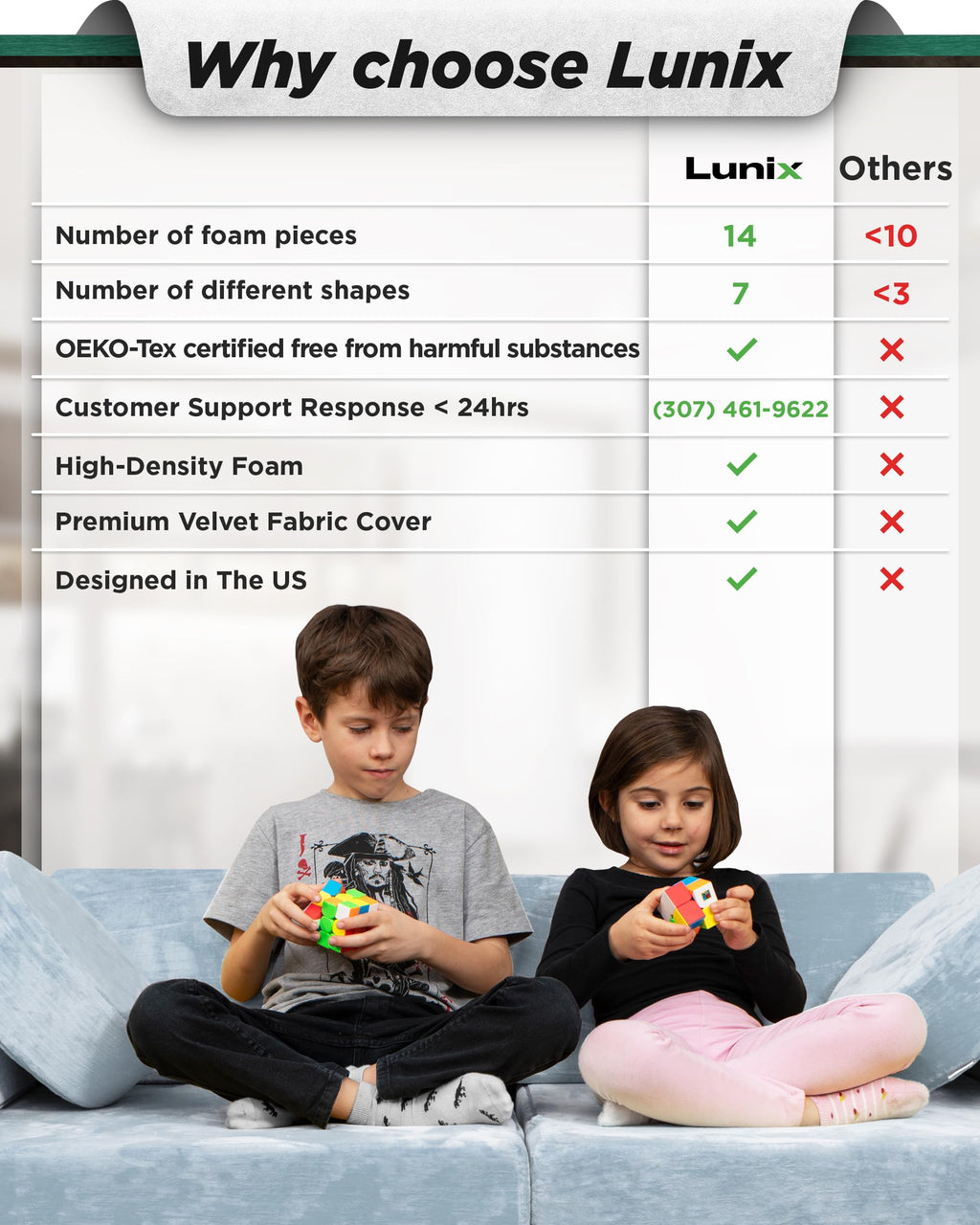 Lunix Modular Kids Play Couch, 14-Piece Fort Building & Climbing Foam Set