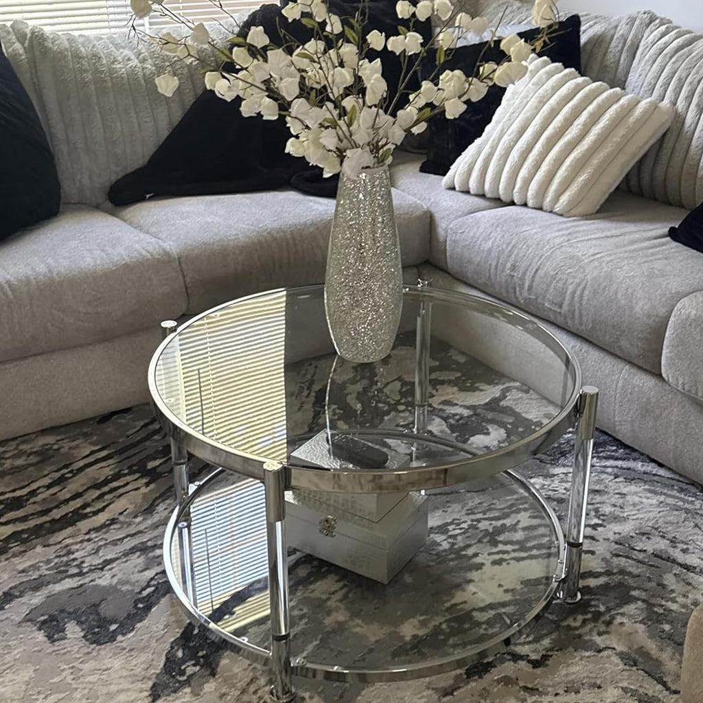 32" Tempered Glass Round Coffee Table Modern Chrome Frame Acrylic Legs Circle Living Room Center Tables