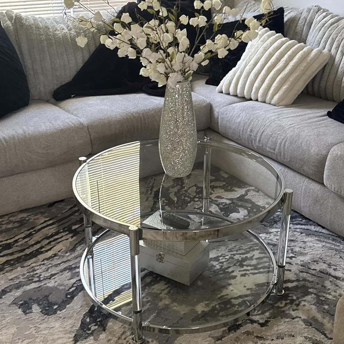 32" Tempered Glass Round Coffee Table Modern Chrome Frame Acrylic Legs Circle Living Room Center Tables
