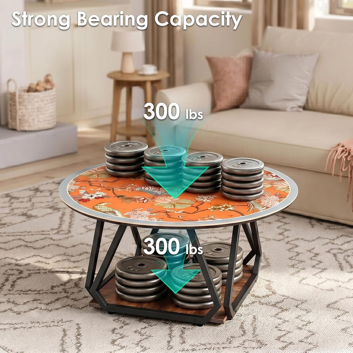 31.5" Round Coffee Table with Orange Table Mat, 2-Tier Circle Center Table