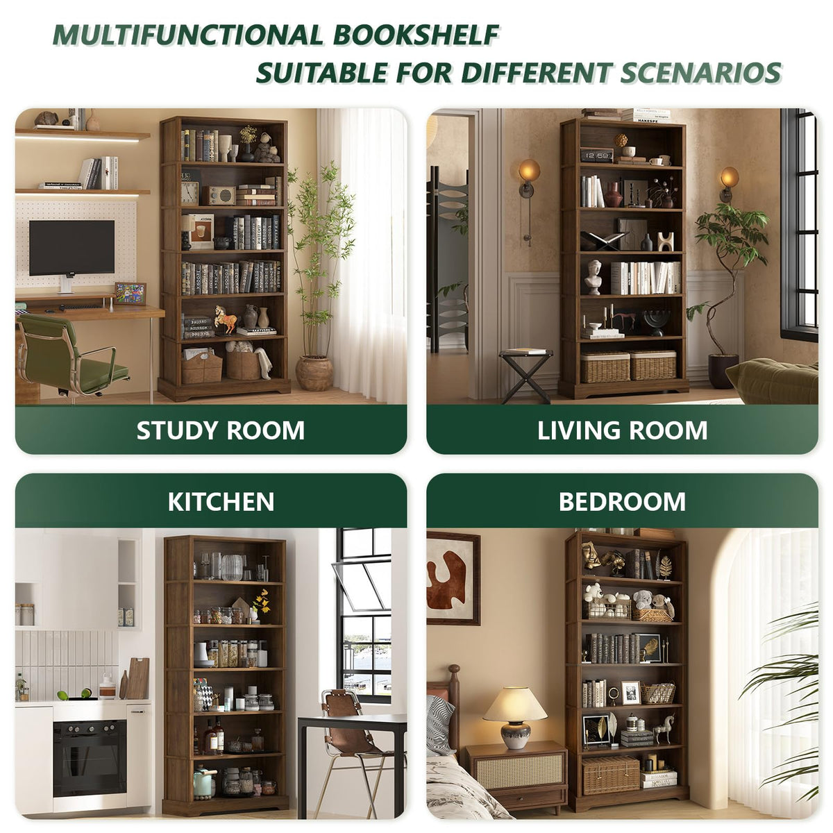 TVU 5 Tiers Wooden Bookshelf, 65.2" Tall Farmhouse Style Open Bookcase, 31.5" Wide Standing Book Shelf with Storage for Study Room, Living Room, Walnut Brown
