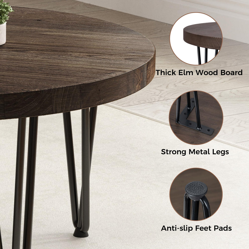 FLYJOE Rustic Wood Round Coffee Table with Metal Legs, Solid Elm Wood Top and Non-Slip Feet Pads - Farmhouse Style for Living Room, Natural