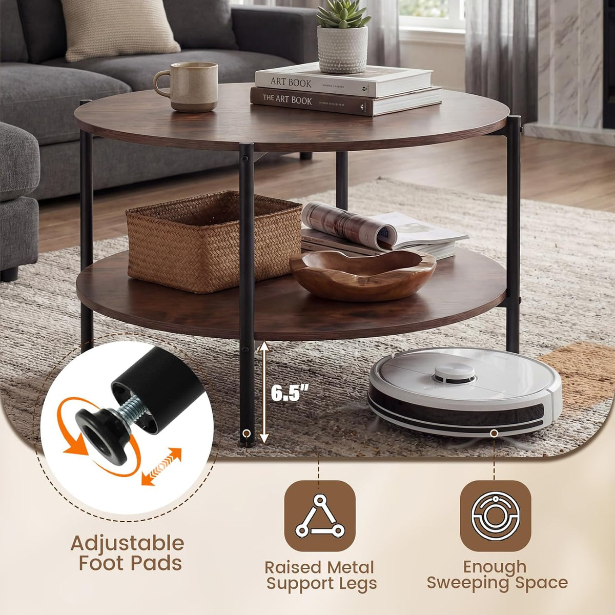 COSTWAY 33.5-inch Wooden Round Coffee Table with Open Storage Shelf, Heavy Duty Metal Frame, 2-Tier Industrial Circle Cocktail Accent Table for Living Room Apartment, Rustic Brown