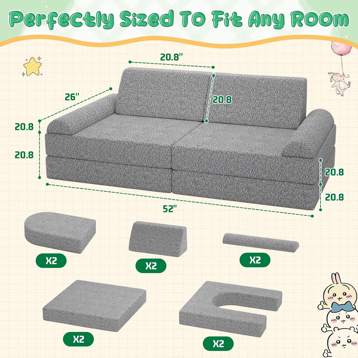 Modular Kids Play Couch with Washable Covers â Foam Toddler Sofa for Creative Play, Climbing, and Lounging â Convertible Kid Sofa Play Furniture for Kids Room or Nursery (Grey)