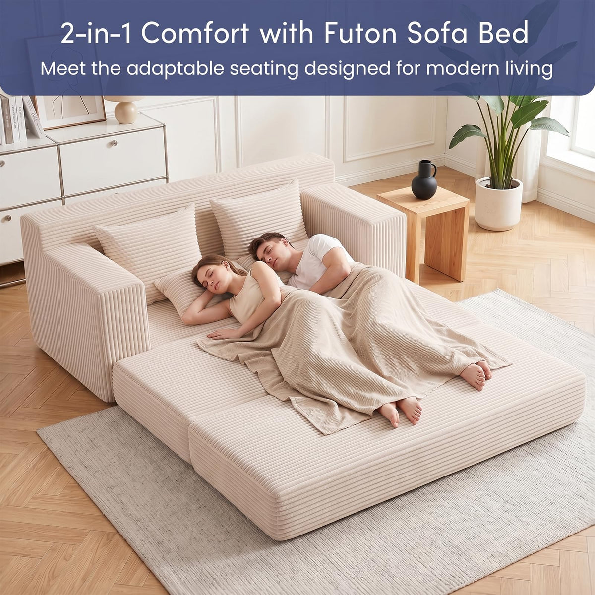 cidludto Convertible Sofa Bed, 3 in 1 Loveseat Folding Couch Bed Foldable - Chaise Lounge Chair & Floor Futon Sofa, Corduroy Pull Out Sofa Bed with 4 Pillows for Living Room, Beige