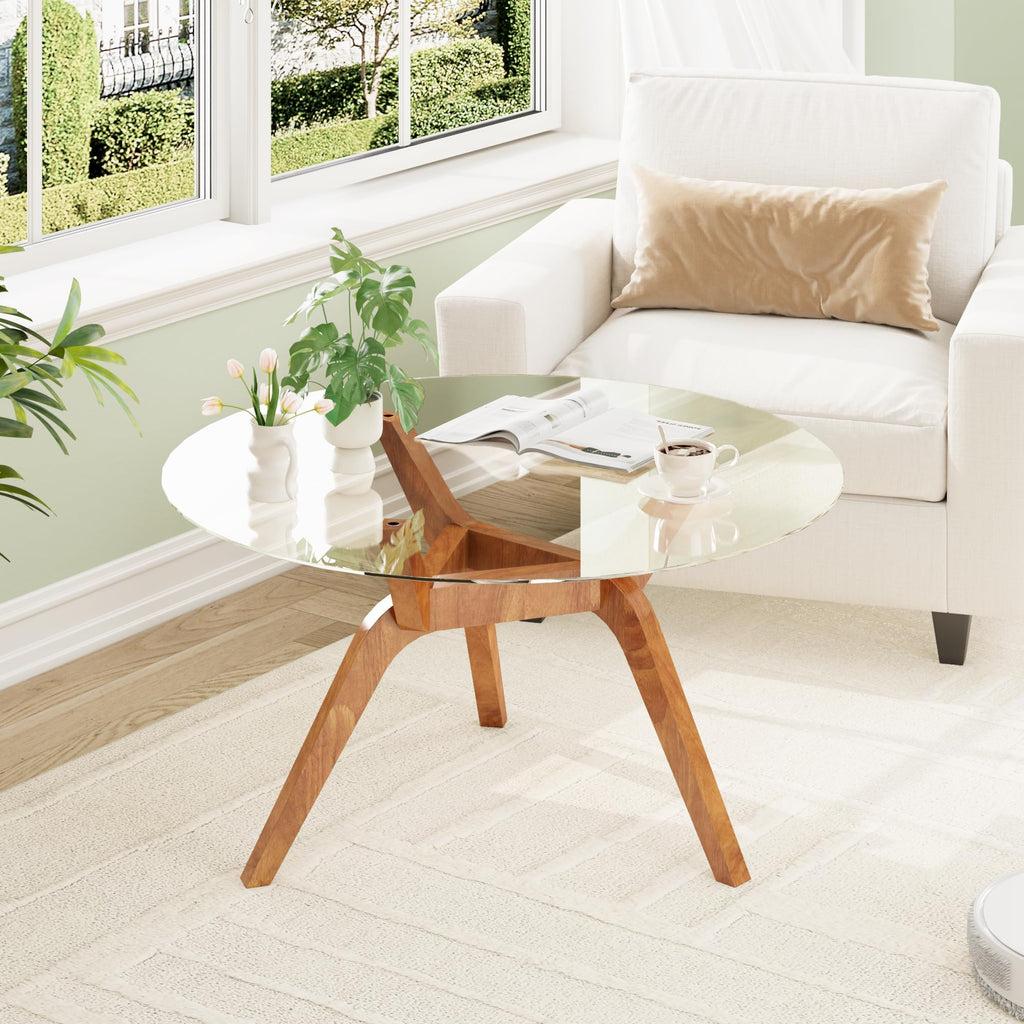 Glass Coffee Table, Small Round Coffee Tables with Solid Wood Legs, Mid Century Modern Center Table with Glass Top for Small Spaces, Living Room, 31.5x31.5x15.4