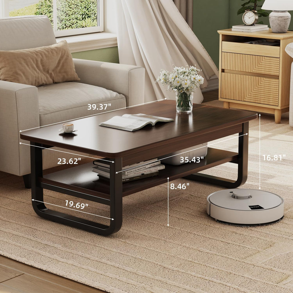 Coffee Table for Living Room with 2-Tier Storage Shelf, 39 inch Rectangular Wooden Center Table, Large Industrial Coffee Tables with Metal Leg & Rounded Corners for Home Office(Black)