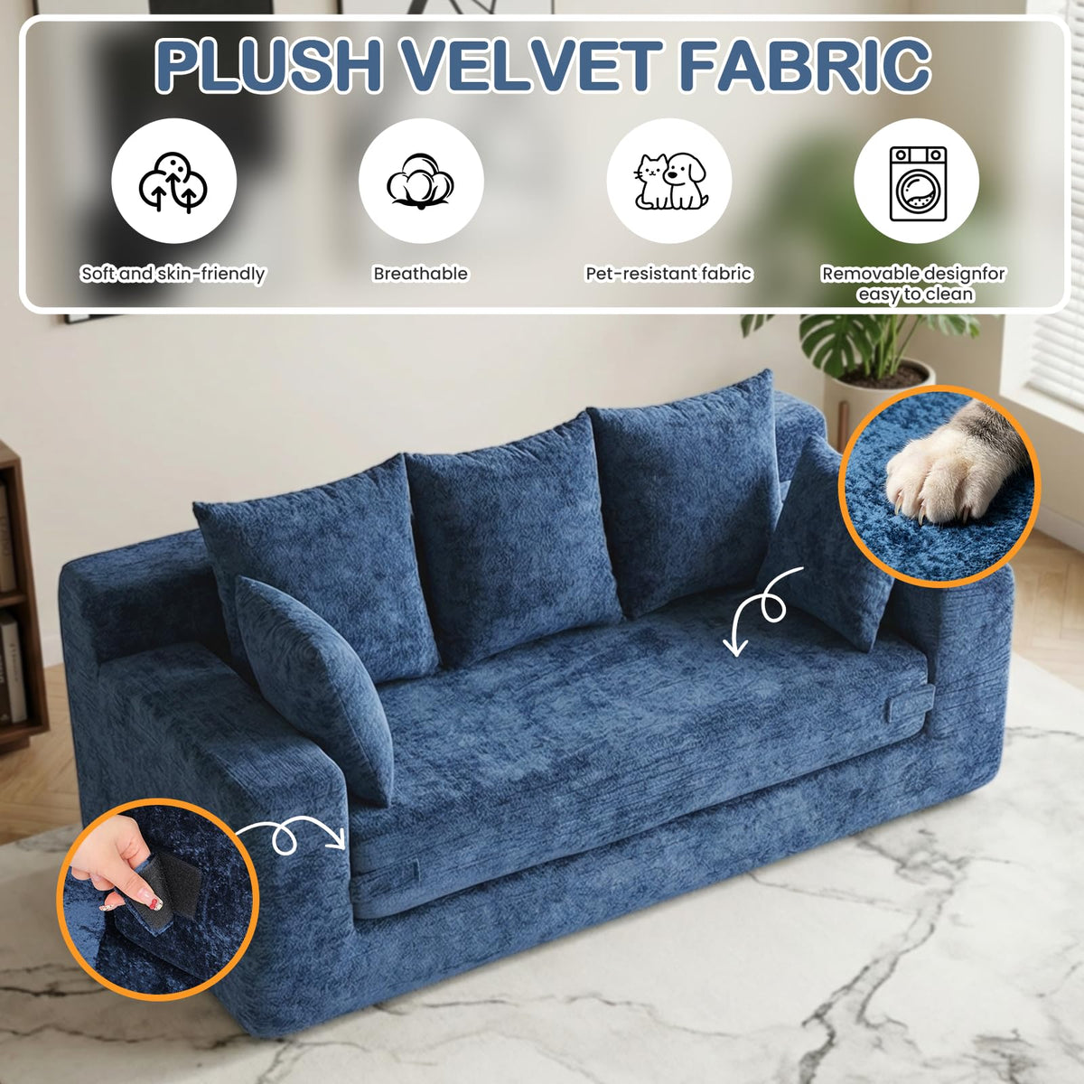 55" Small Boneless Couch, 3-in-1 Boneless Loveseat Sleeper Sofa Bed Convertible Sofa Bed with 4 Pillows, Black Corduroy Boneless Couch for Living Room, Guest Room, Small Space, No Assembly Required