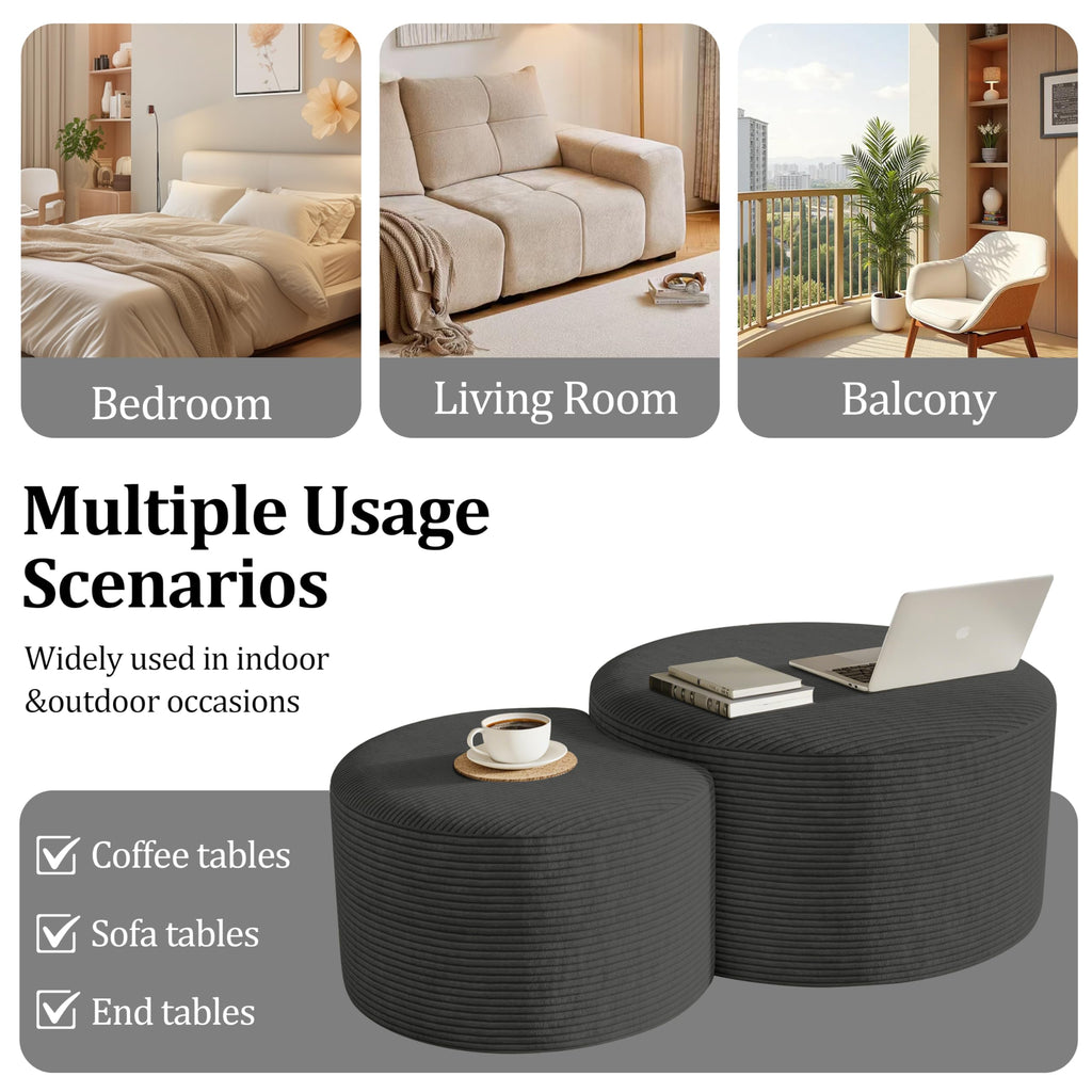 Round Nesting Coffee Table Set of 2,Upholstered Foam Ottoman Footrest Side Table Set,Modern Flannel Circle Coffee Table No Assembly for Living Room Entryway Bedroom,Black
