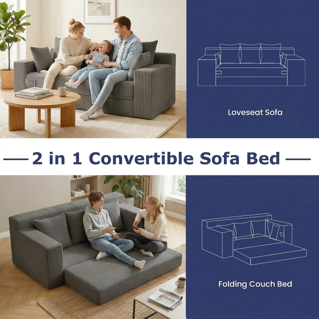 cidludto Convertible Sofa Bed, 3 in 1 Loveseat Folding Couch Bed Foldable - Chaise Lounge Chair & Floor Futon Sofa, Corduroy Pull Out Sofa Bed with 4 Pillows for Living Room, Beige
