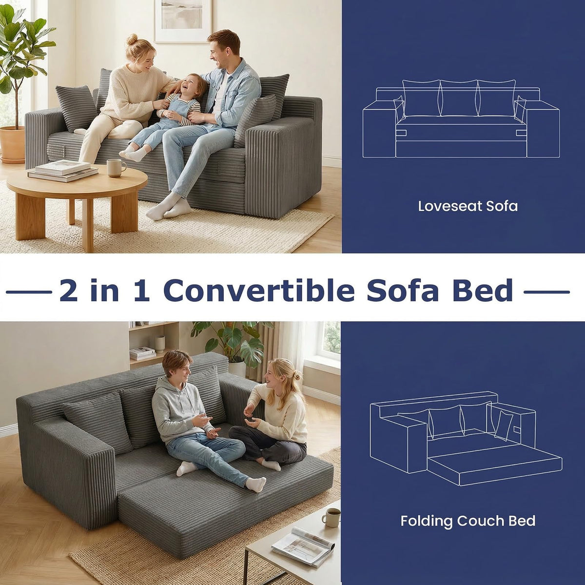 cidludto Convertible Sofa Bed, 3 in 1 Loveseat Folding Couch Bed Foldable - Chaise Lounge Chair & Floor Futon Sofa, Corduroy Pull Out Sofa Bed with 4 Pillows for Living Room, Beige
