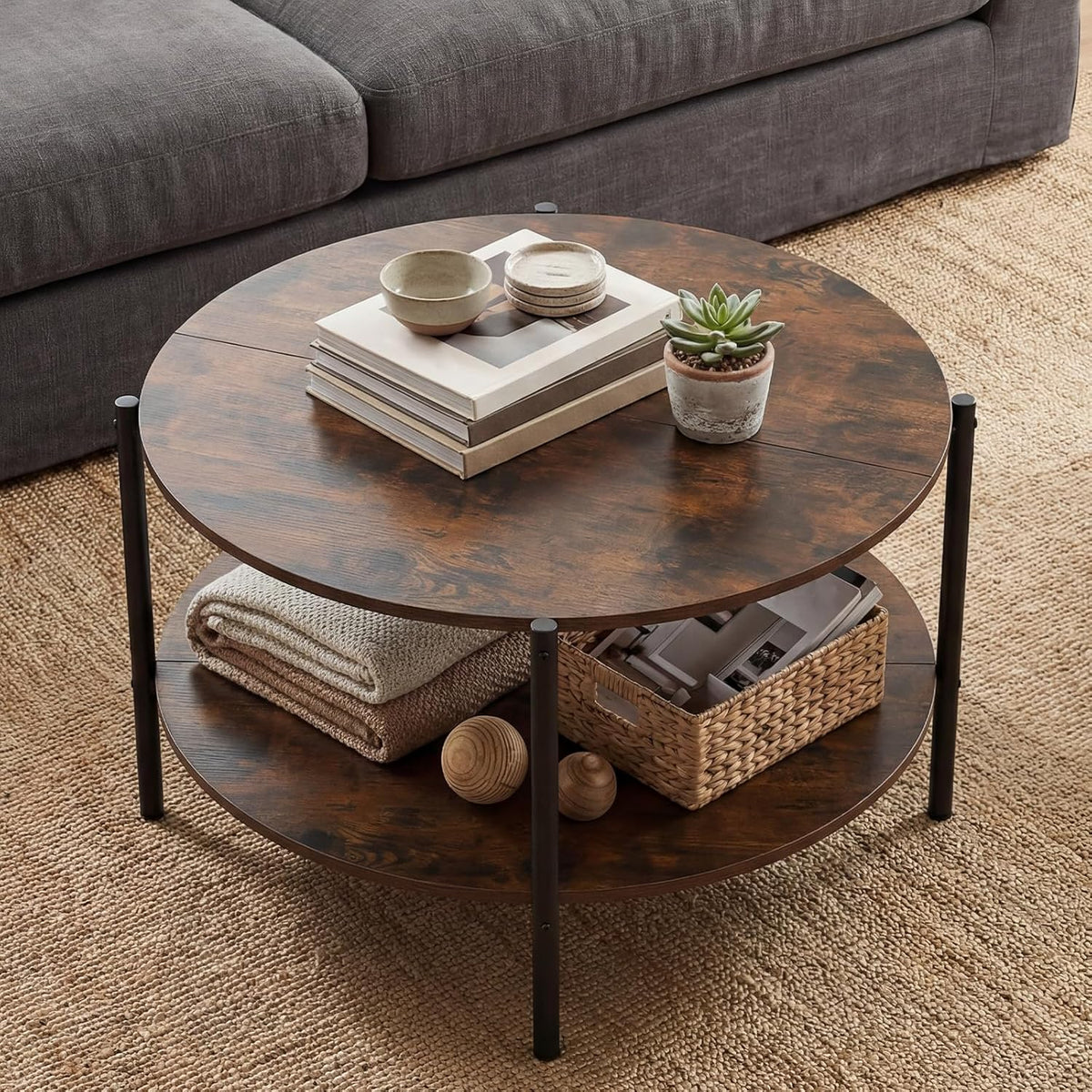 COSTWAY 33.5-inch Wooden Round Coffee Table with Open Storage Shelf, Heavy Duty Metal Frame, 2-Tier Industrial Circle Cocktail Accent Table for Living Room Apartment, Rustic Brown