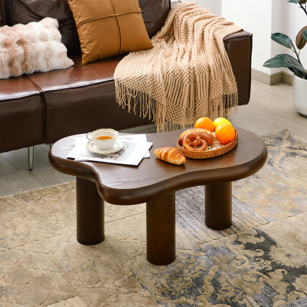 34"(L) Cloud Coffee Table, Modern Wood Coffee Table for Living Room, Accent Center Tables with 3 Legs, Small Tea Tables for Balcony, Patio, Bedroom, Cream White