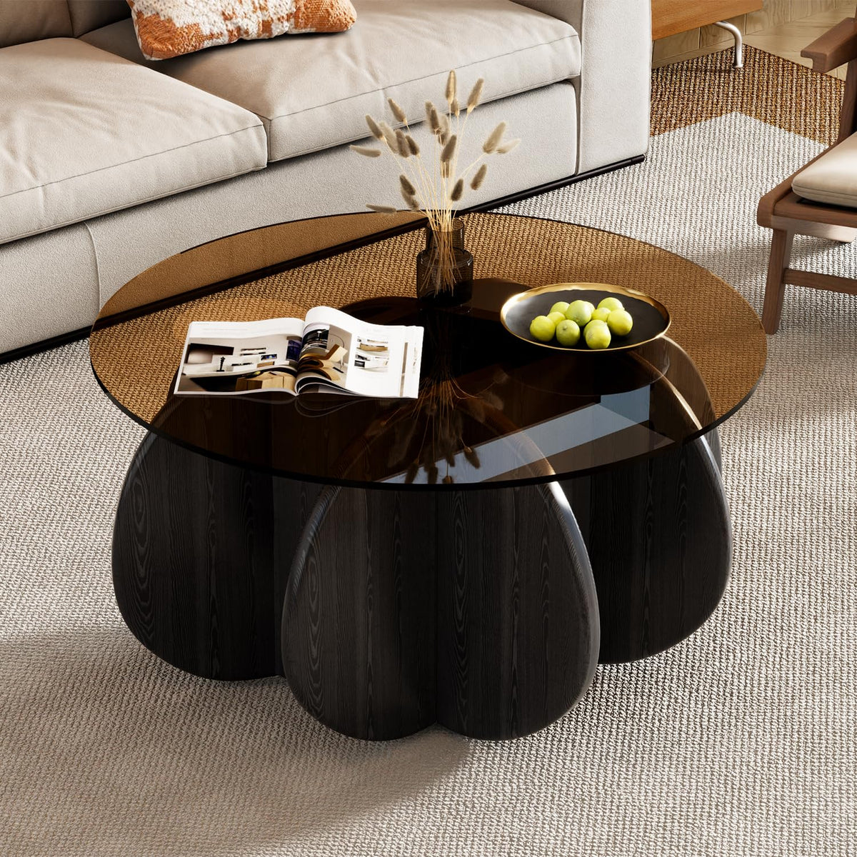 31.5'' Round Coffee Table with Tempered Glass Top, Modern Center Table for Small Spaces - Sturdy Walnut Board Frame, Simple Design for Living Room, Home, Office - Easy Assembly. (Walnut + Brown)