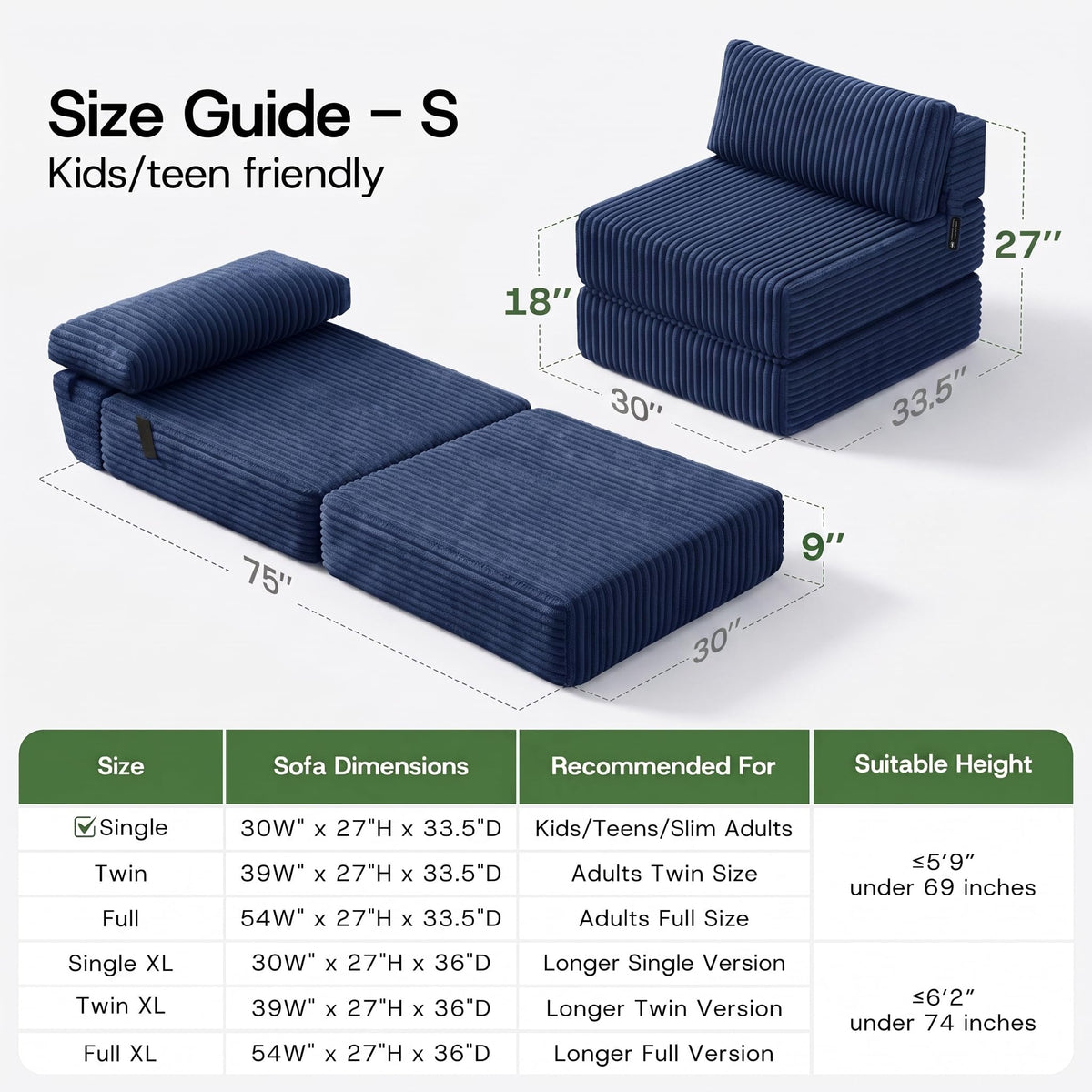 Folding Sofa Bed Convertible 4 in 1 Sleeper Chair Black Single