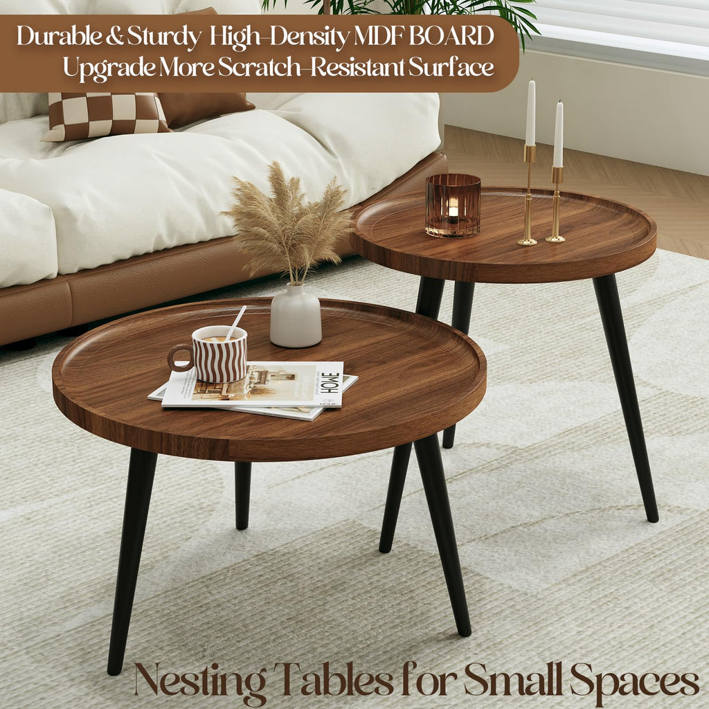 2 Pcs Small Oval Coffee Table,31.5" Retro Walnut Coffee Tables Nesting Tables Set,Easy Assembly Mid Century Modern Coffee Tables for Living Room Office,Coffee Table and End Table Sets