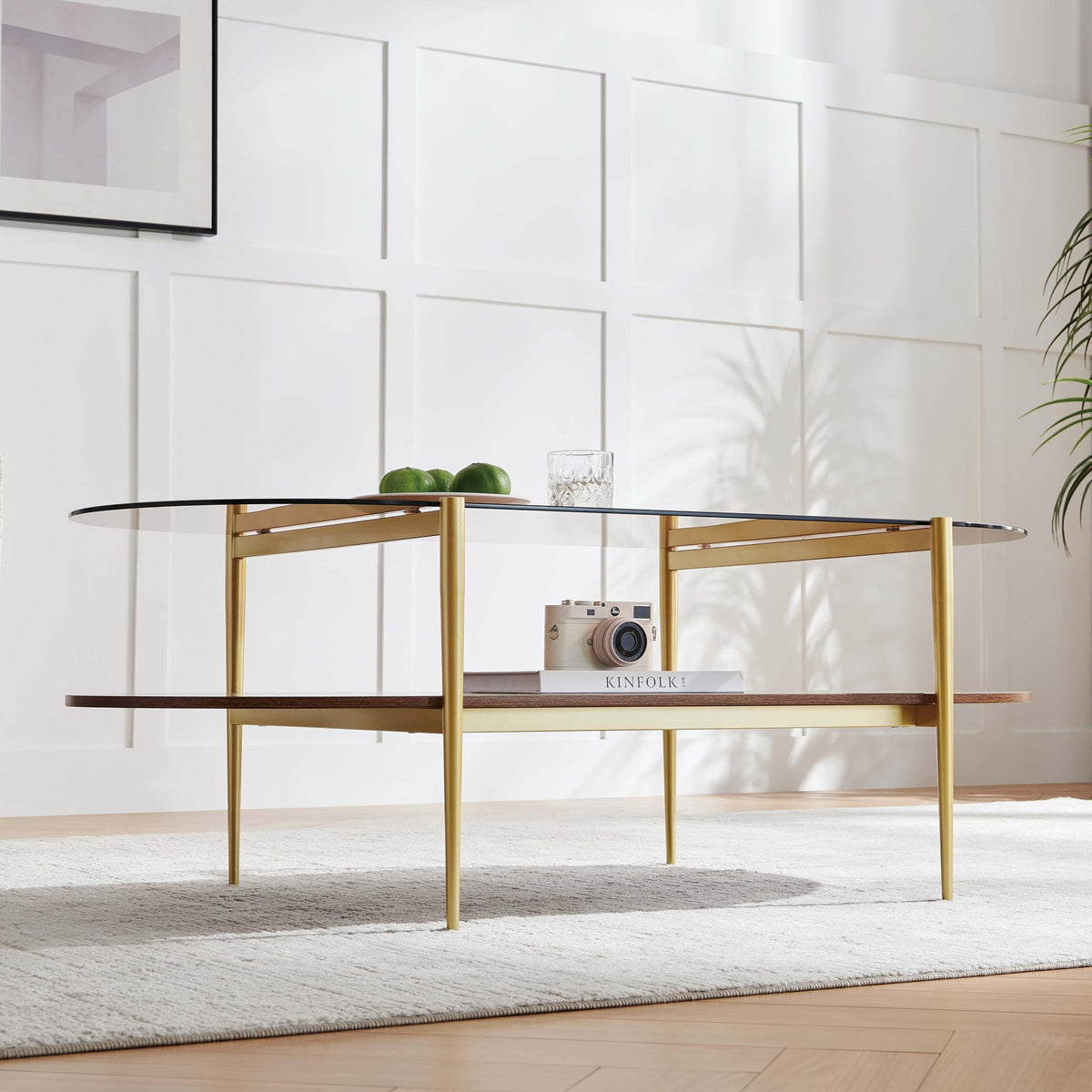 LumFurn Round Coffee Table for Living Room, Mid-Century Modern Design, D30 x H17, 2-Tier Structure, Grey Glass Top and Black Marble Finish Wood Shelf, Sleek Conical Metal Legs with Gold Finish Frame