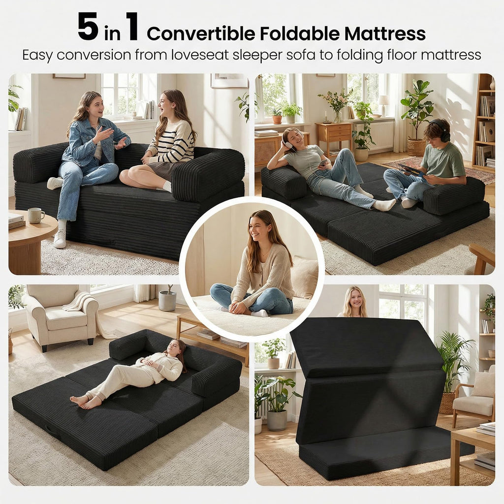 Erament Futon Sofa Bed Queen, Convertible Tri Folding Mattress Foldable with Removable Armrests & Washable Cover, 5-Inch Floor Mattress with High-Density Foam, Small Pull Out Couch Bed, Beige