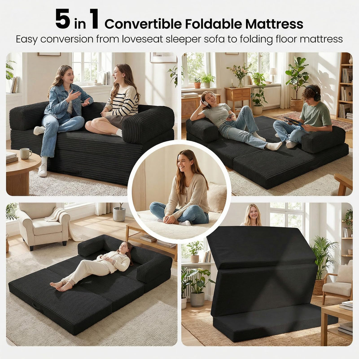 Erament Futon Sofa Bed Queen, Convertible Tri Folding Mattress Foldable with Removable Armrests & Washable Cover, 5-Inch Floor Mattress with High-Density Foam, Small Pull Out Couch Bed, Beige