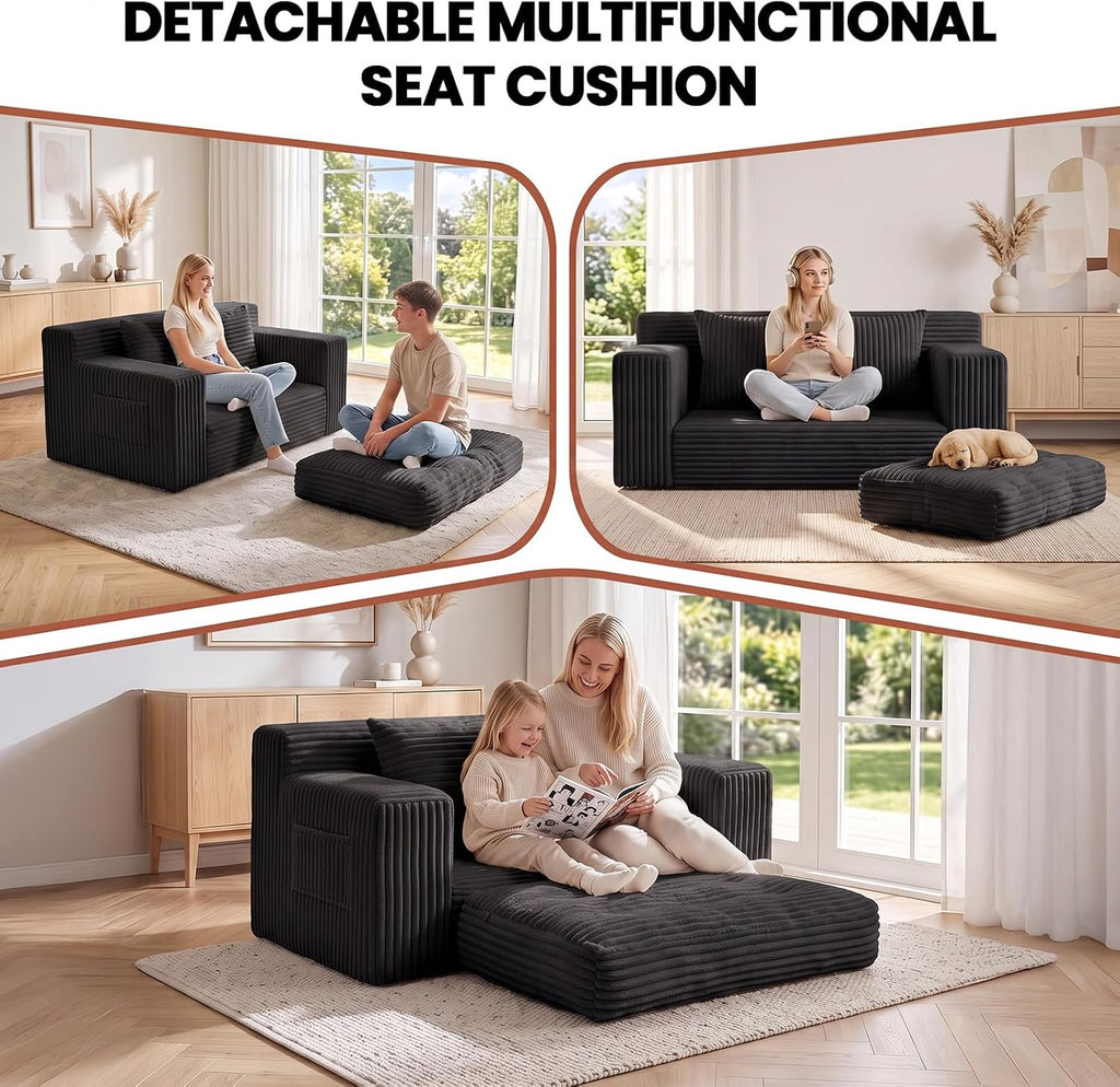 Small Boneless Couch, Boneless Loveseat Convertible Sofa Bed Sleeper Sofa Couch Bed with 2 Pillows, Corduroy Folding Floor Futon Foldable Boneless Couch for Living Room, Guest Room, Small Space, Black