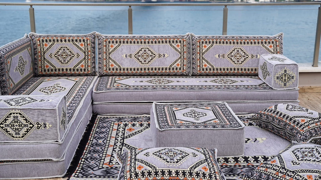Gray L Shaped Pallet Cushions, Arabic Floor Sofa Set, Oriental Floor Seating, Sectional Floor Cushion, Indoor Floor Pillows, Arabic Majlis Set, Sofa Bed (U Sofa + Rug + Ottoman, 8'' Thickness (20 cm))