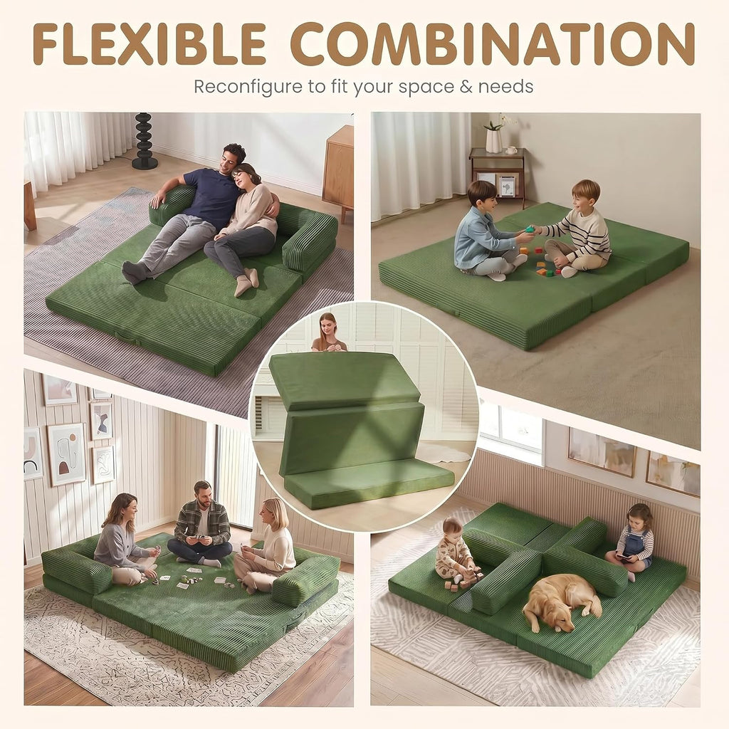 Convertible Sofa Bed Queen,5-in-1 Boneless Couch with Removable Armrests & Handle,Corduroy Futon Sleeper Sofa,Floor Folding Mattress Pull Out Bed for Small Space Apartment Living Room Bedroom,Green