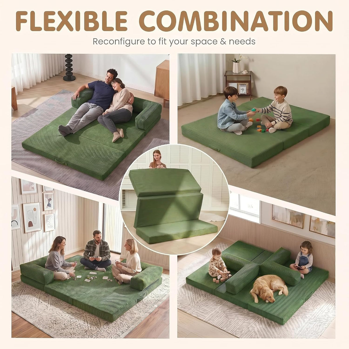 Convertible Sofa Bed Queen,5-in-1 Boneless Couch with Removable Armrests & Handle,Corduroy Futon Sleeper Sofa,Floor Folding Mattress Pull Out Bed for Small Space Apartment Living Room Bedroom,Green