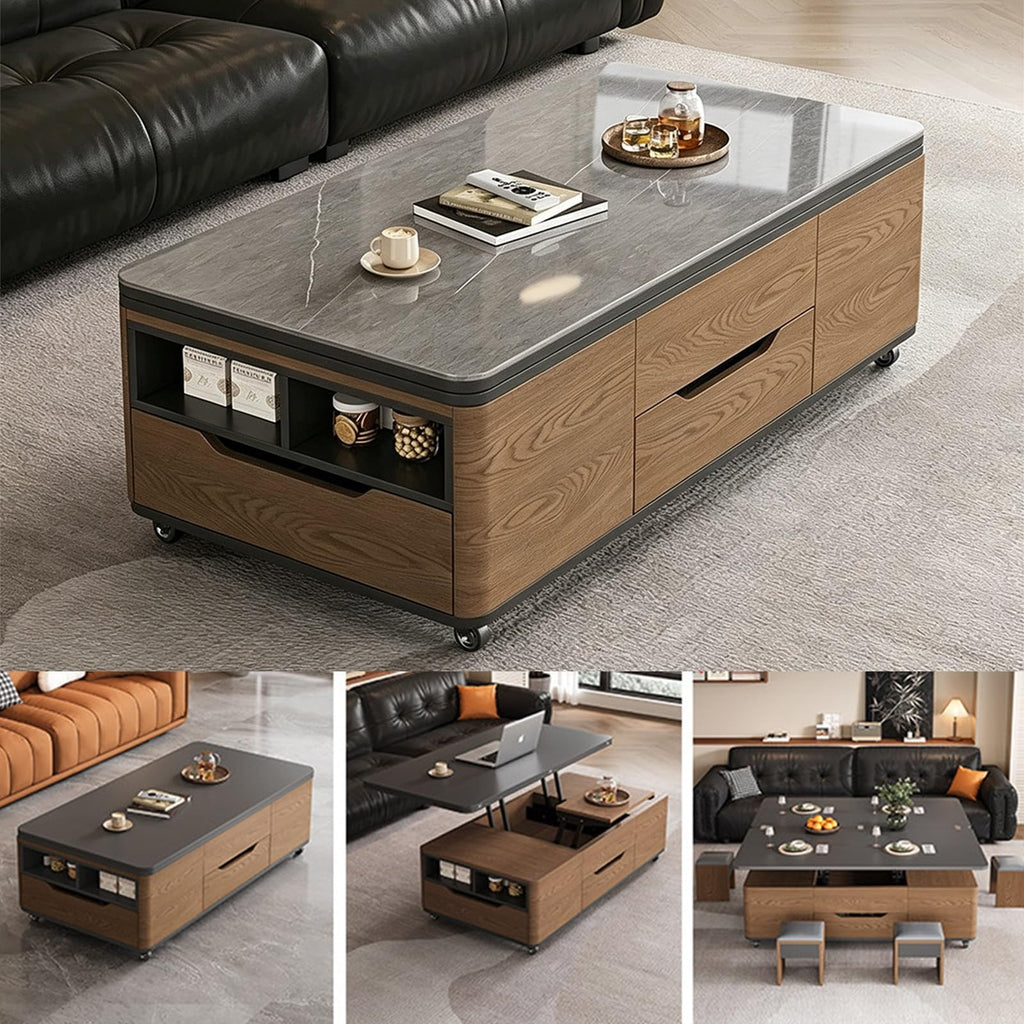 3âinâ1 LiftâTop CoffeeâTable with Storage Drawers & Rolling Casters