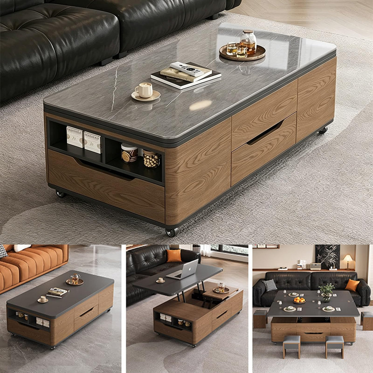3âinâ1 LiftâTop CoffeeâTable with Storage Drawers & Rolling Casters