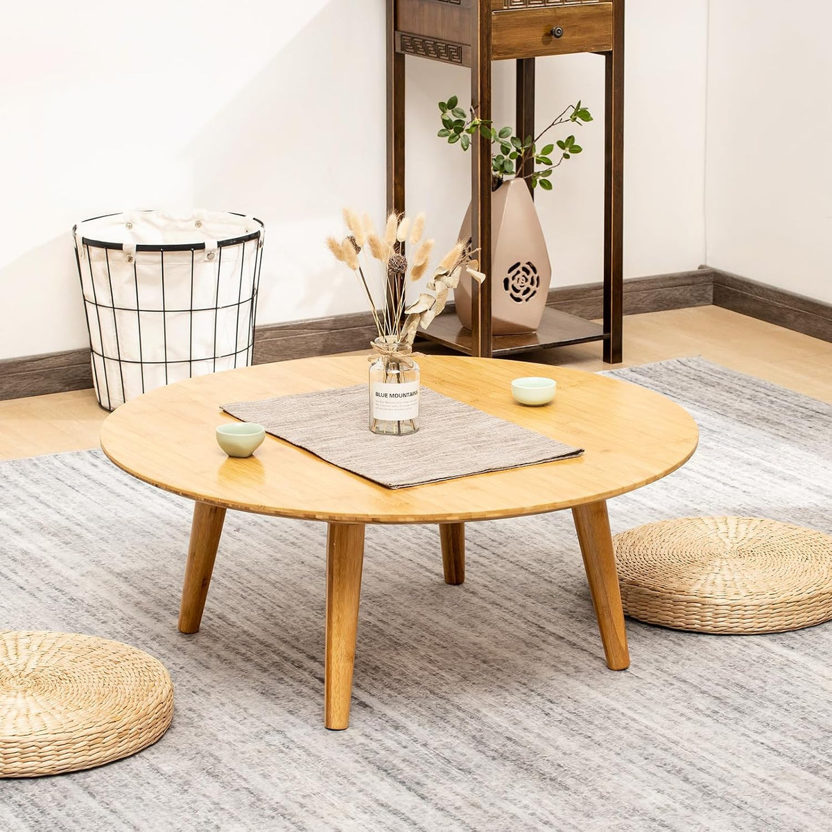 Furlide Small Round Coffee Table, Bamboo Mid Century Floor Table