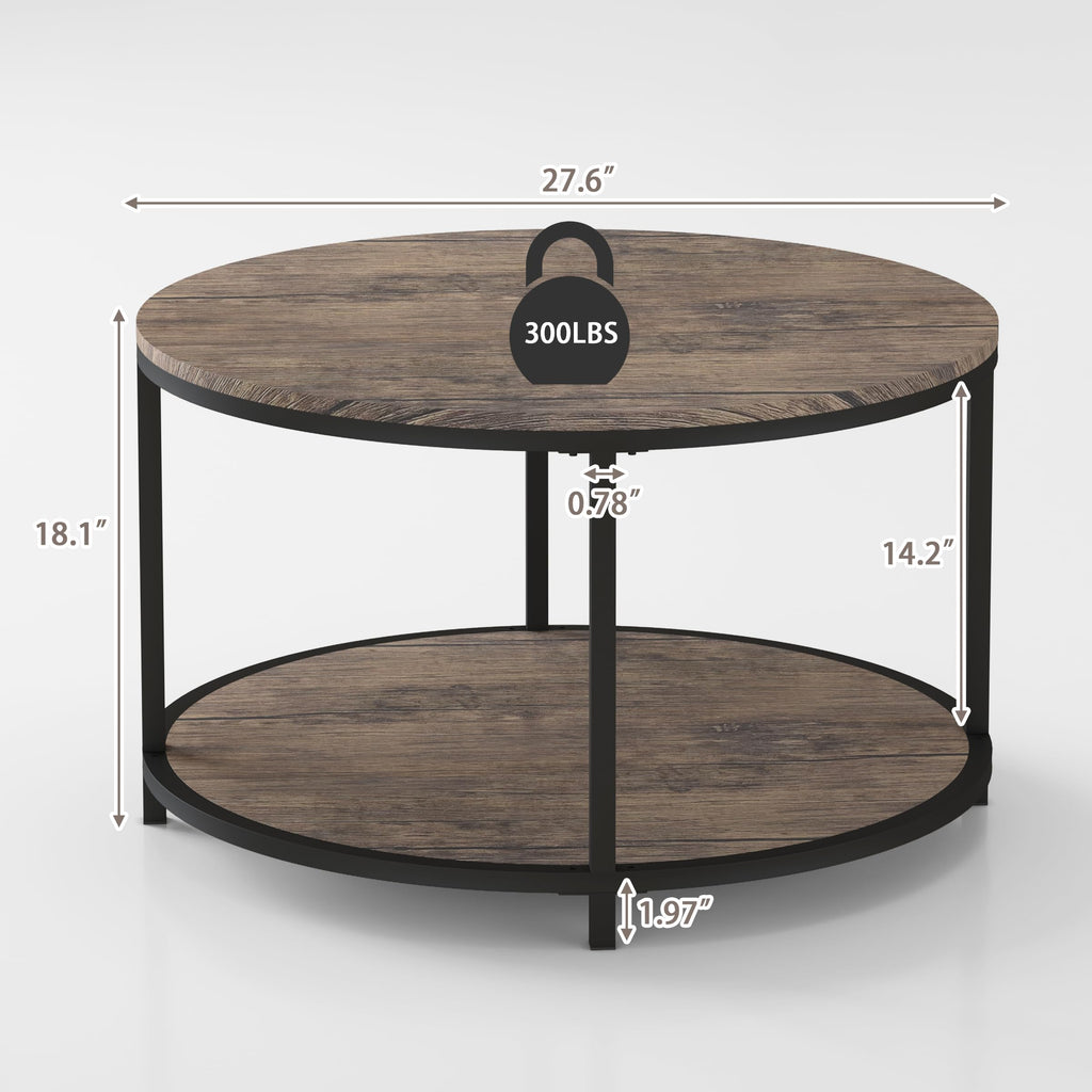 NSdirect Round Coffee Table,36" Coffee Table for Living Room,2-Tier Rustic Wood Desktop with Storage Shelf Modern Design Home Furniture(Light Walnut)