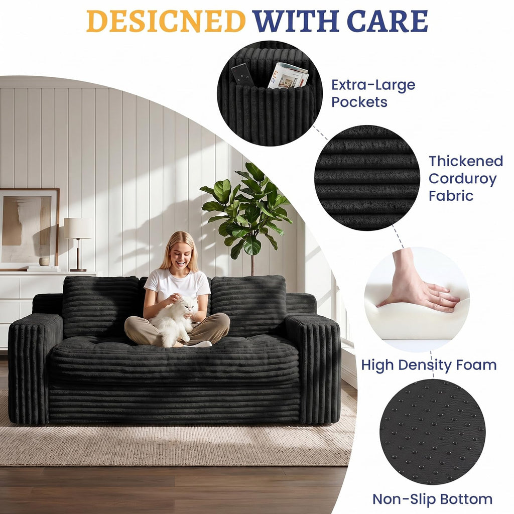 Boneless Couch, Cloud Loveseat Sofa Corduroy Couch in a Box, Upholstered Boneless 3 Seater Couch for Living Room Bedroom Office Apartment