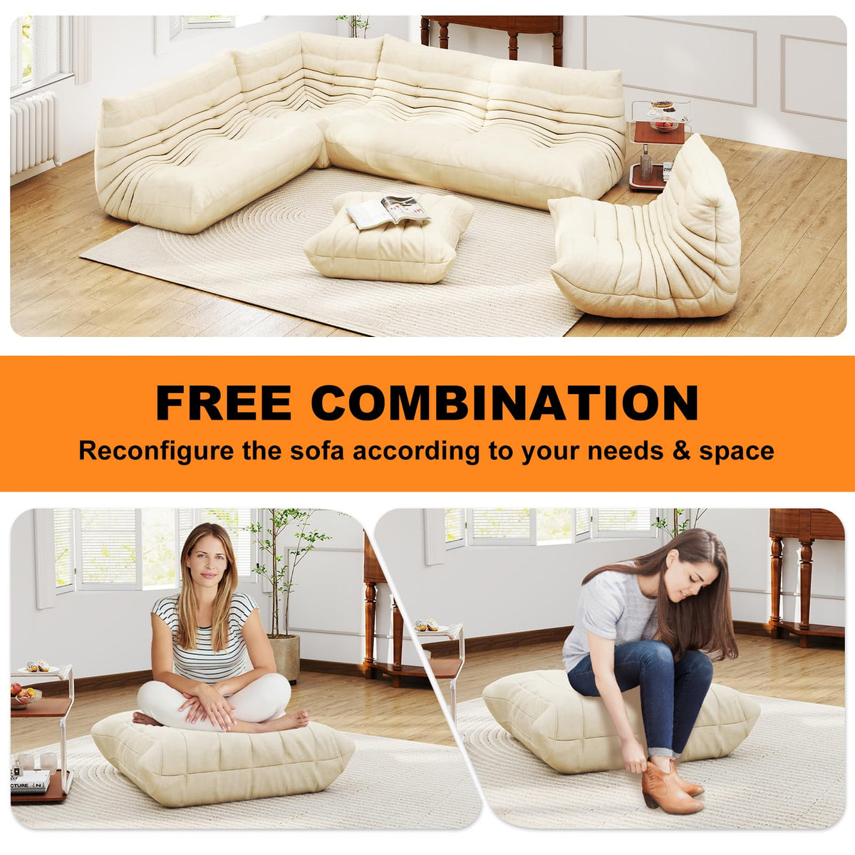 Full Foam 3-Seater Sofa, Bean Bag Floor Couch for Adults, Waterproof Fabric