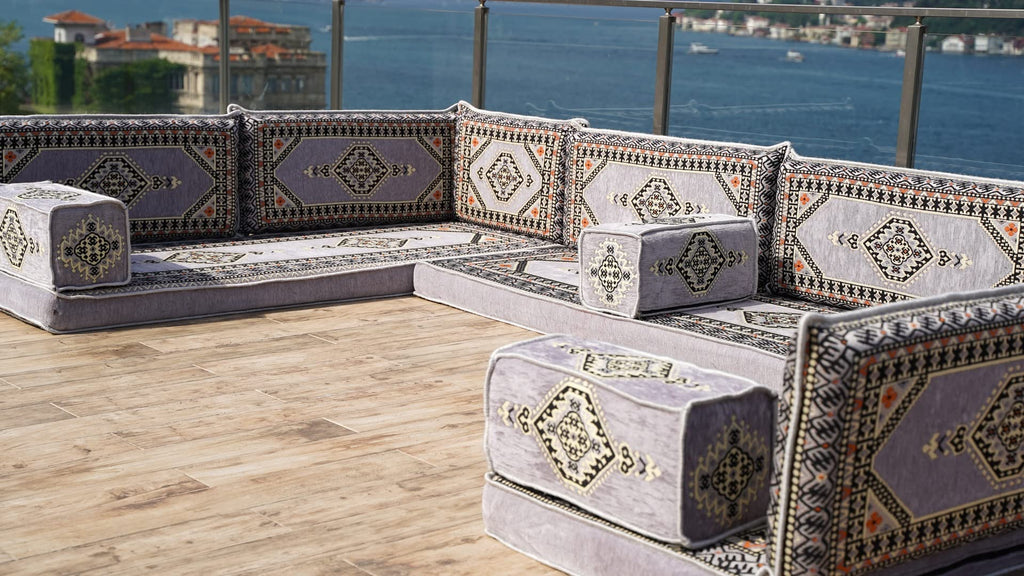 Gray L Shaped Pallet Cushions, Arabic Floor Sofa Set, Oriental Floor Seating, Sectional Floor Cushion, Indoor Floor Pillows, Arabic Majlis Set, Sofa Bed (U Sofa + Rug + Ottoman, 8'' Thickness (20 cm))