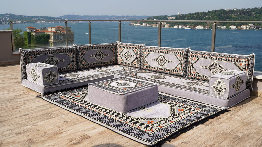 Gray L Shaped Pallet Cushions, Arabic Floor Sofa Set, Oriental Floor Seating, Sectional Floor Cushion, Indoor Floor Pillows, Arabic Majlis Set, Sofa Bed (U Sofa + Rug + Ottoman, 8'' Thickness (20 cm))