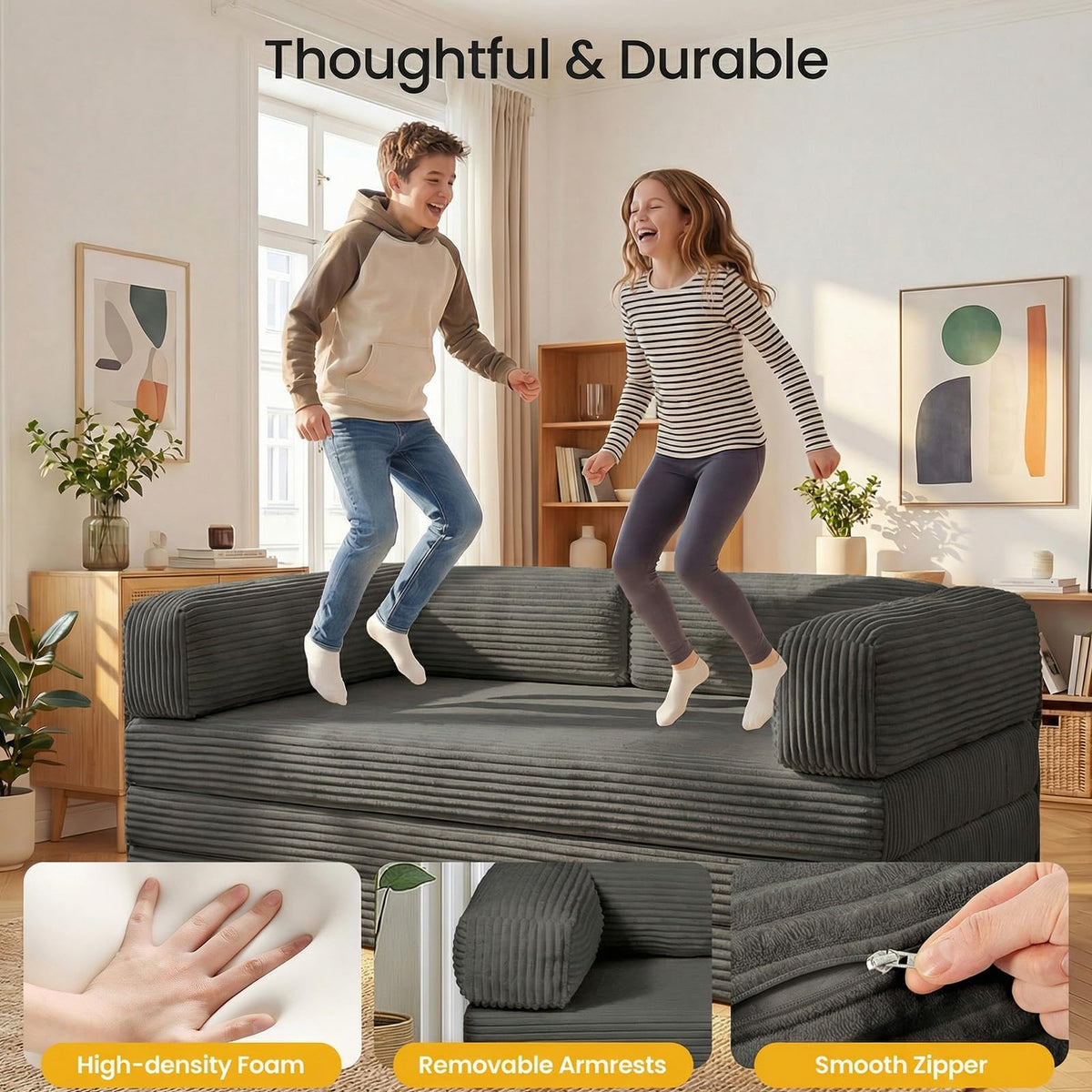 Erament Futon Sofa Bed Queen, Convertible Tri Folding Mattress Foldable with Removable Armrests & Washable Cover, 5-Inch Floor Mattress with High-Density Foam, Small Pull Out Couch Bed, Beige